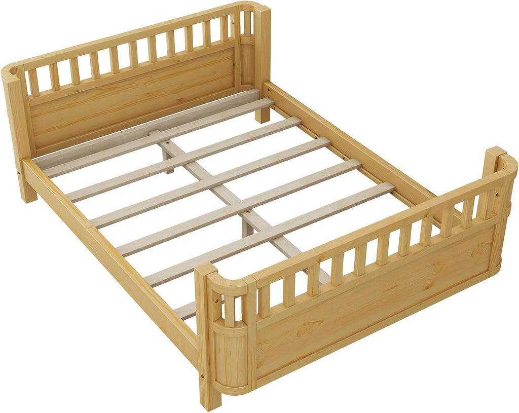 Platform Bed with Fence, Low Bed Frame with Detachable Side Bed Rails, Wooden Montessori Beds for