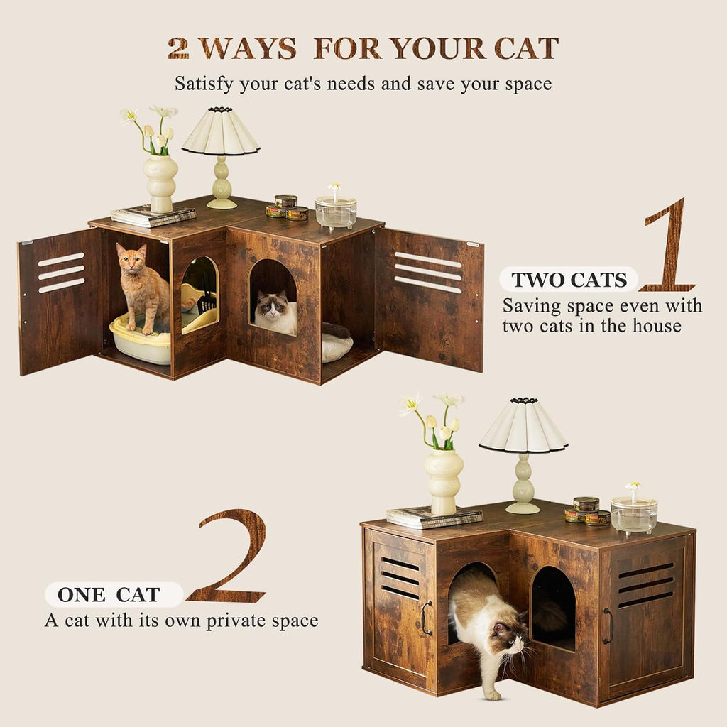 31.5in Corner Cat Litter Box Enclosure with Double Room, Brown