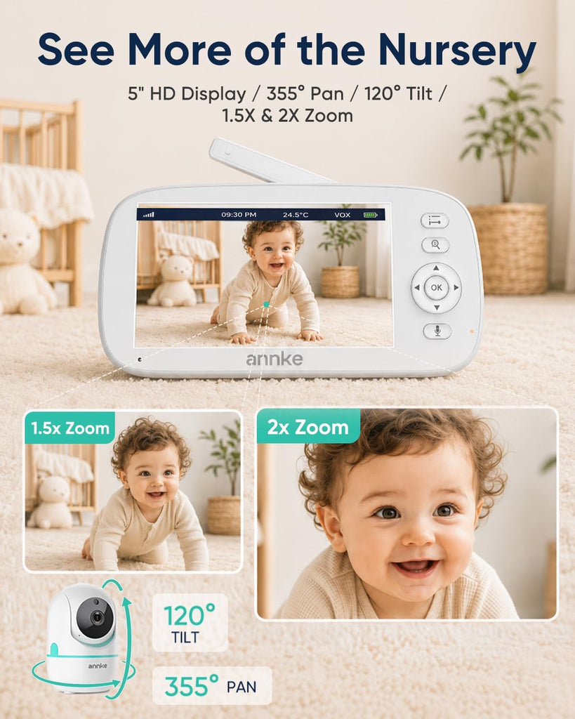Video Baby Monitor with Camera and Audio, No WiFi, 5" HD Display