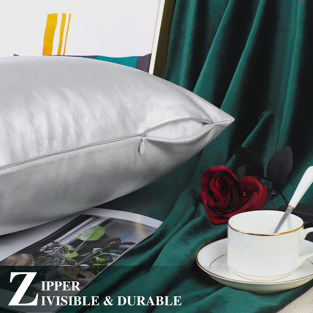 Faux Leather Throw Pillow Covers 16x16 Inches, Silver, 2 Pack