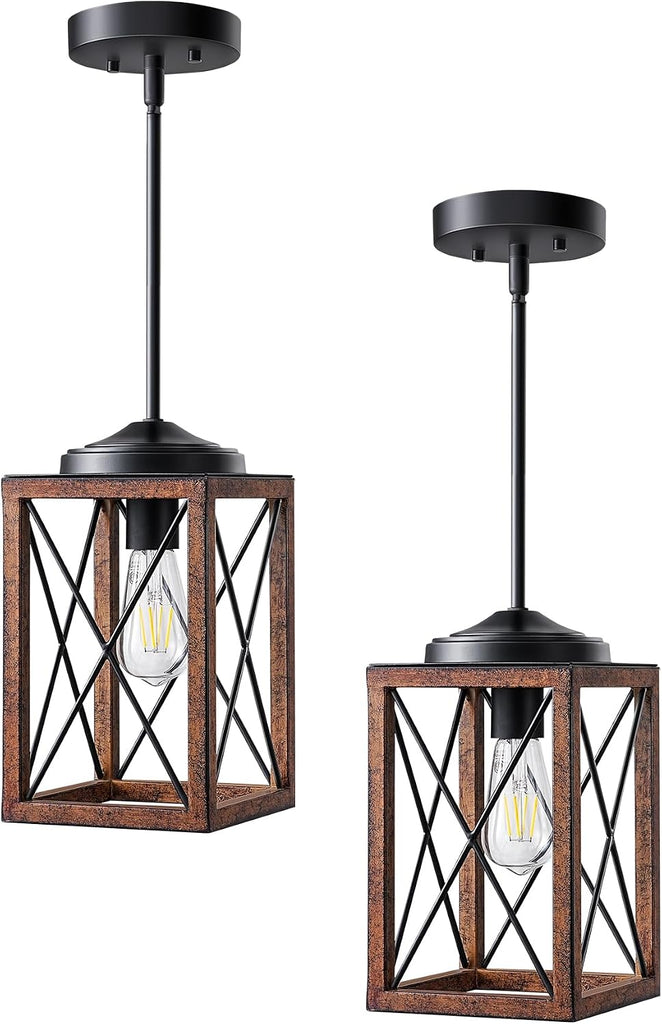 2 Pack Farmhouse Pendant Light, Metal Hanging Light Fixture with Wooden Grain Finish, 48 Inch Adjustable Pipes for