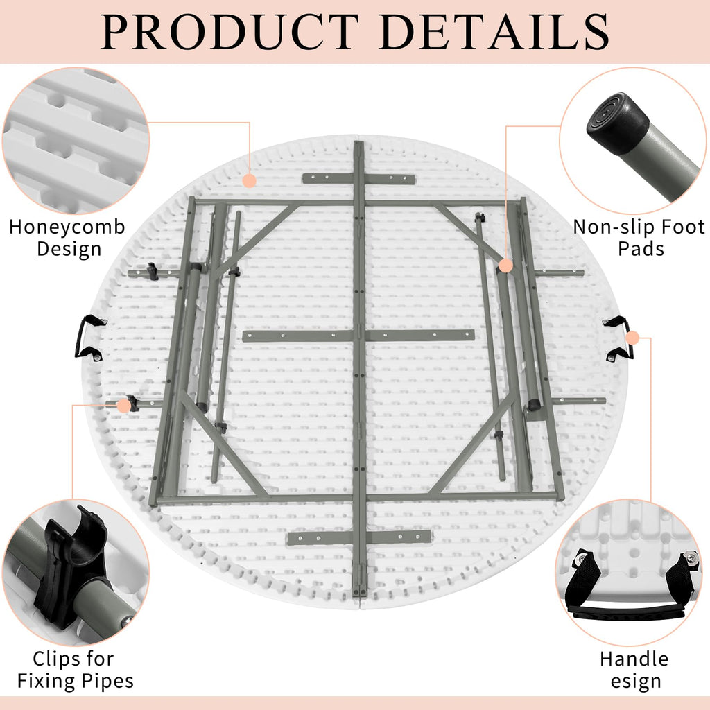 5 FT Round Folding Table | White | Portable Plastic Table