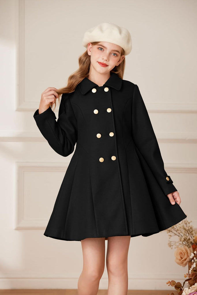 Girls Dress Coat Fall Winter Double Breasted Peacoat Bow Pocket