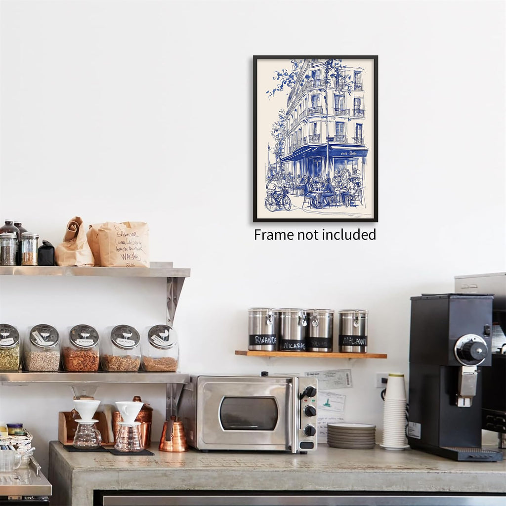 French Coffee Wall Vintage Paris City Landscape Travel Poster Blue Minimalist Abstract Watercolor Canvas Prints