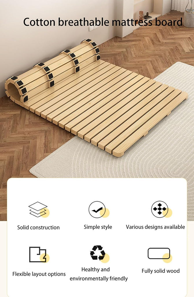 Folding Wooden Bed Frame, Floor Platform Bed with Roll-Up Slatted Base, Natural Solid Wood Tatami Futon Frame