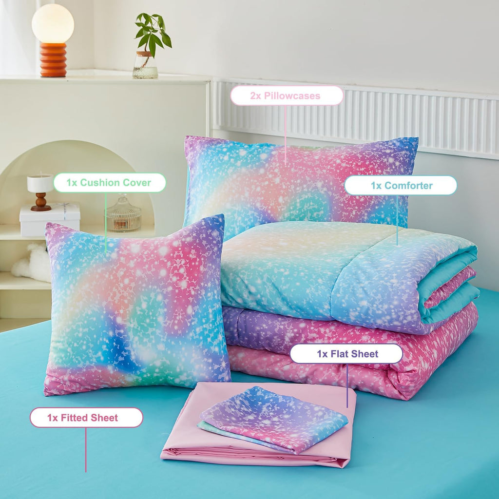Pink Green Girls Twin Comforter Set, 6 Pieces Colorful Rainbow Kids Bedding Sets, Tie Dye Ombre Glitter Bed in A Bag