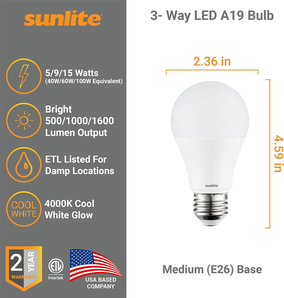 3-Way LED A19 Light Bulb, 5/9/15 Watts (40W 60W 100W Equivalent), 500-1000-1600 Lumens, Medium E26 Base