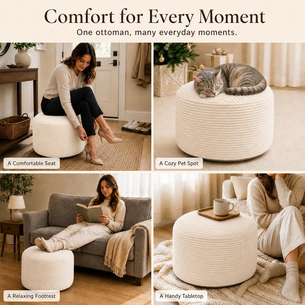 Round Pouf Ottoman Foot Rest 20 X 15 - Floor Pouf Seating, Soft Corduroy Ottoman, Lightweight Foot Stool for