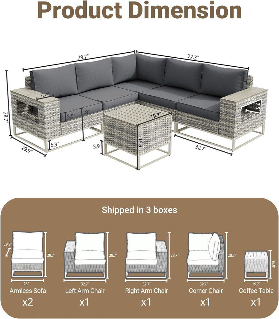 Outdoor Patio Furniture Set 6-Piece PE Rattan Wicker Outdoor Sectional Sofa with Thickened Cushions and Chunky Arms