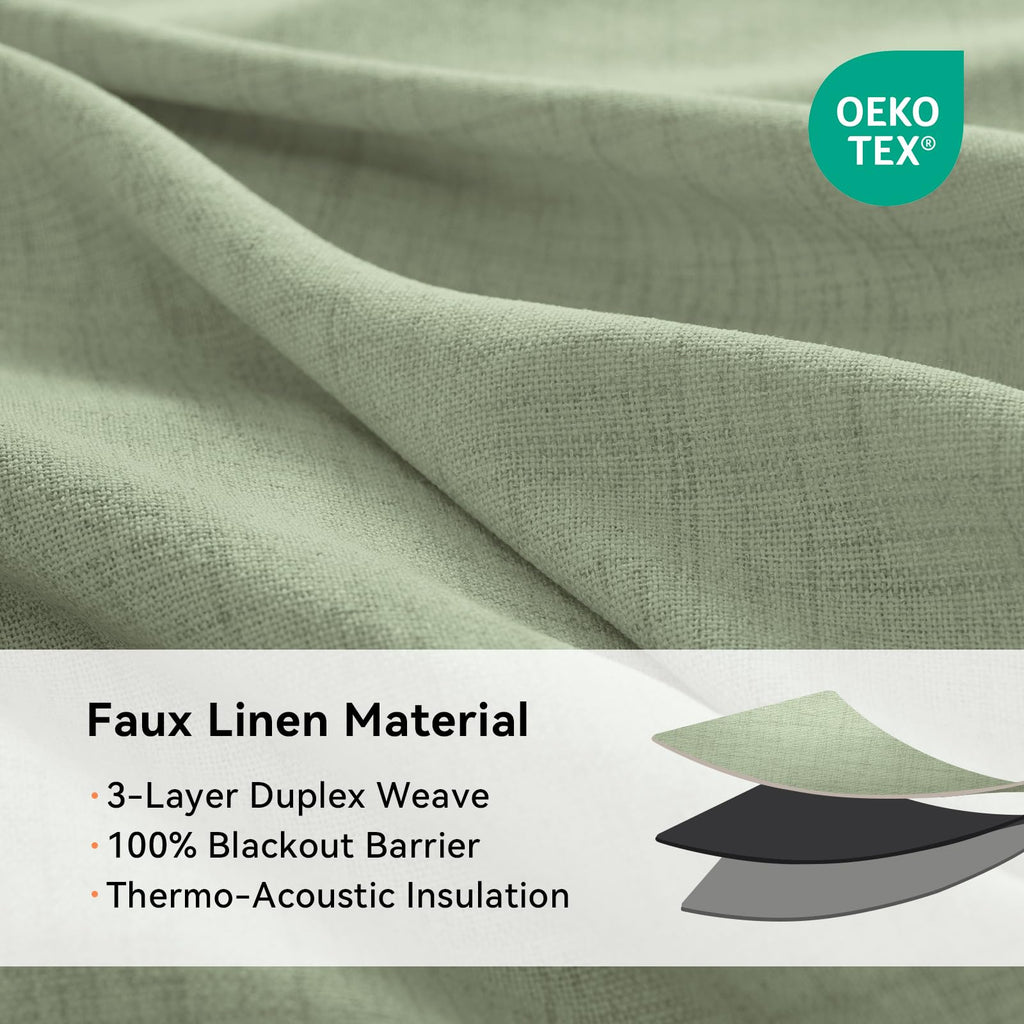 Blackout Linen Curtains 63 Inch Long 2 Panels Set, Sage Green