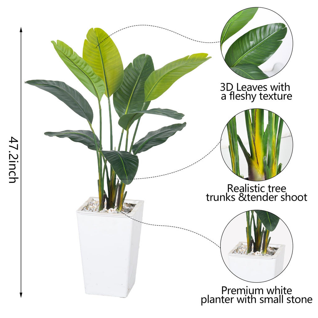 Bird of Paradise Artificial Plant 4FT, Faux Tropical Palm Tree with White Tall Planter, Large Fake Plants in Pot