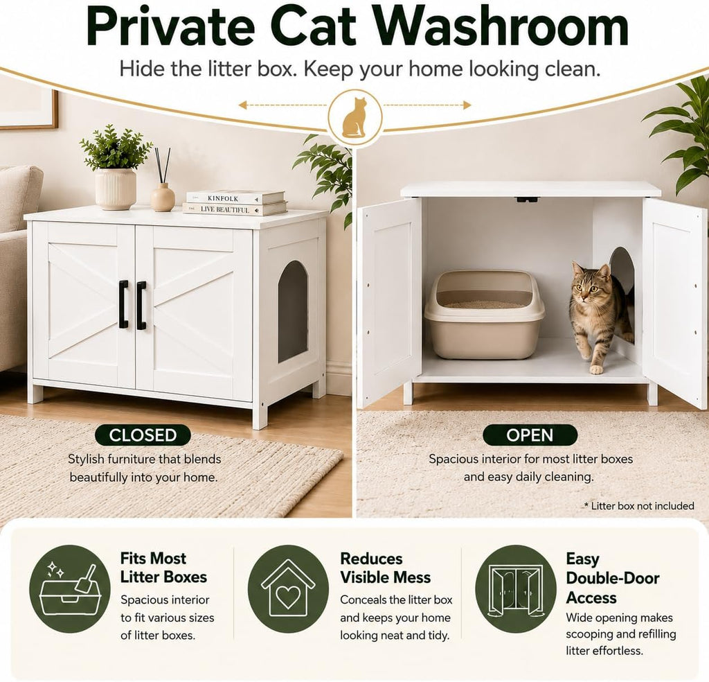 31.5" L Cat Litter Box Enclosure with Barn Door, White