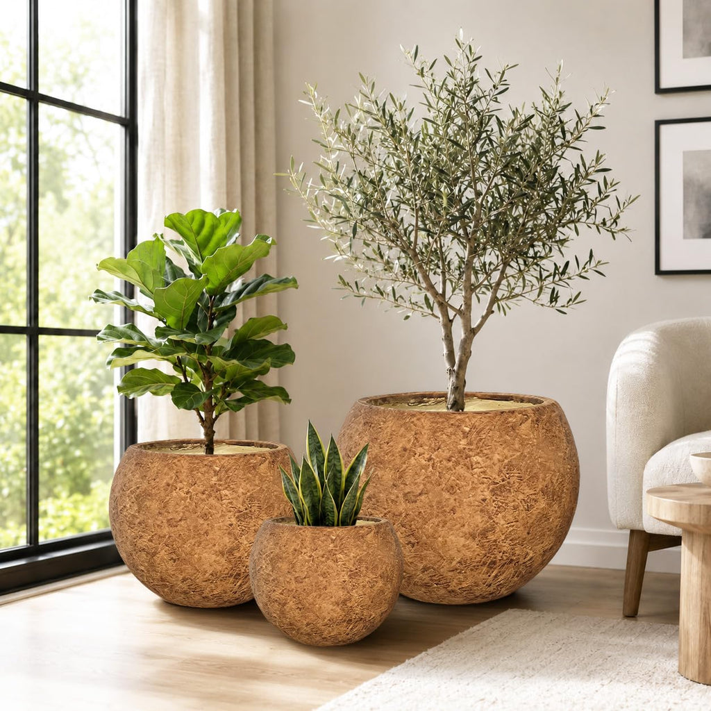 13.5" H x 17" Dia Round Brown Fiberstone Planter Pot with Drainage Hole, Lightweight UV-Resistant Stone-Look