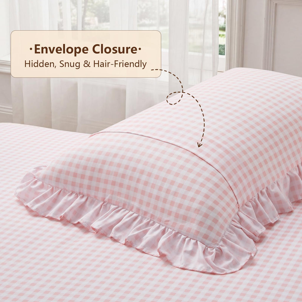 Gingham Ruffle Queen Sheet Set, Light Pink Microfiber Plaid Bed Sheets