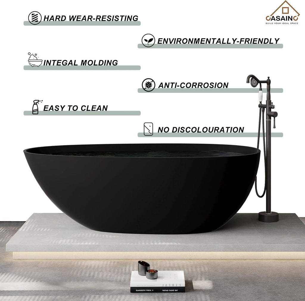 67" Freestanding Bathtub Egg-Shaped Stone Resin Freestanding Tub Solid Surface Matte Black Stand-Alone Tub with Drain