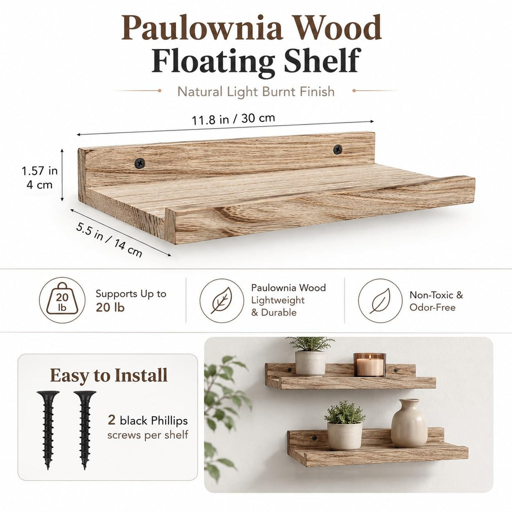 Mini Floating Shelves, Small Natural Wooden Display Wall Shelf for Picture Ledge, Natural Color, Wall Mounted, 12 x