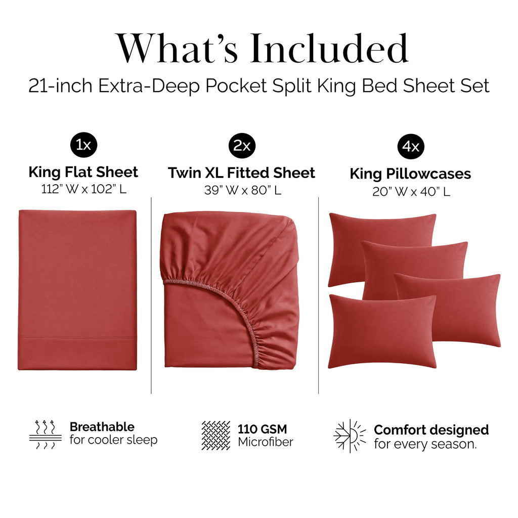 21 Inch Split King Sheets Set For Adjustable Bed 7 Piece Microfiber Marsala