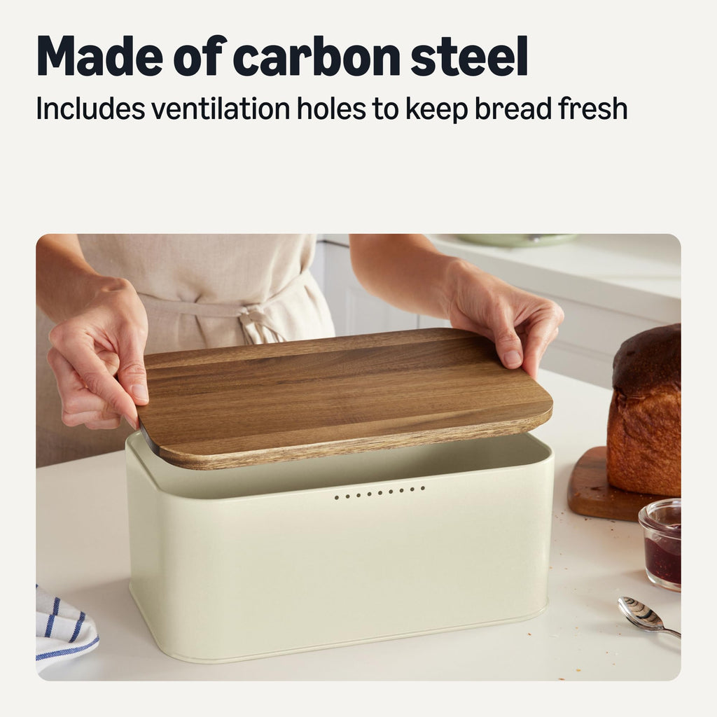 Bread Box - Carbon Steel with Acacia Wood Lid, Lid Doubles as Cutting Board, 11.9 x 7.1 x 5.2