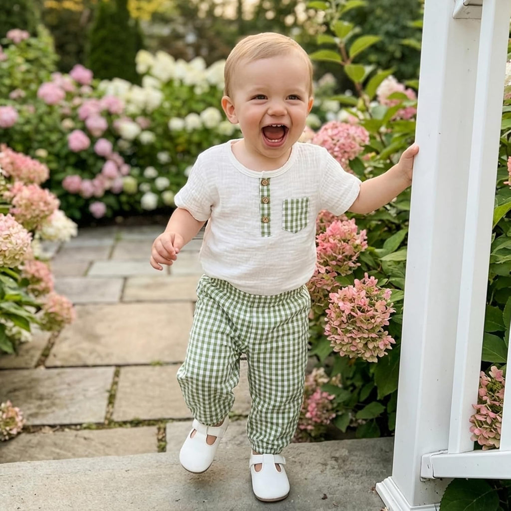 Newborn Baby Boy Summer Outfit Infant Little Boy 2 Piece Cotton Linen Button Up Pocked Shirts Top Gingham Pants Set
