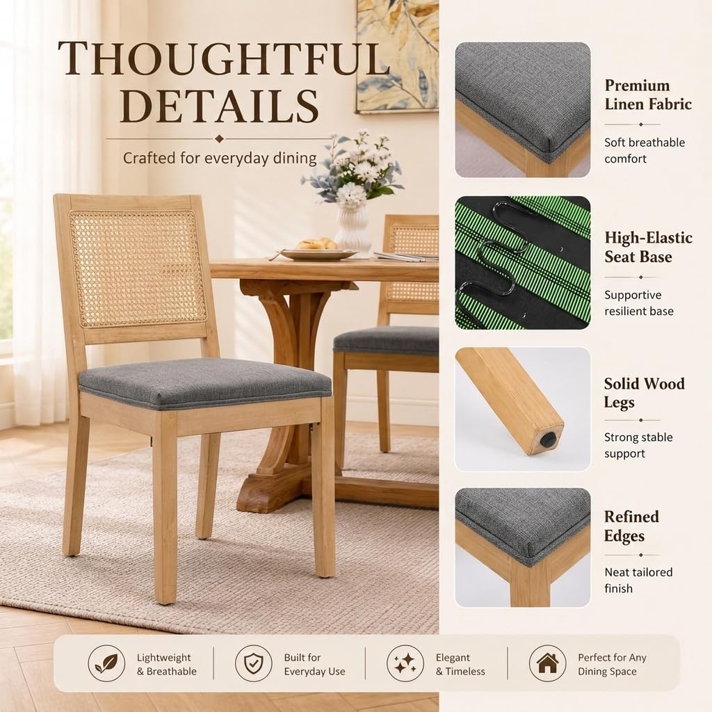 French Country Dining Chairs Set of 8, Grey Modern Kitchen & Dining Room Chairs, Rattan Dining Chair with Linen