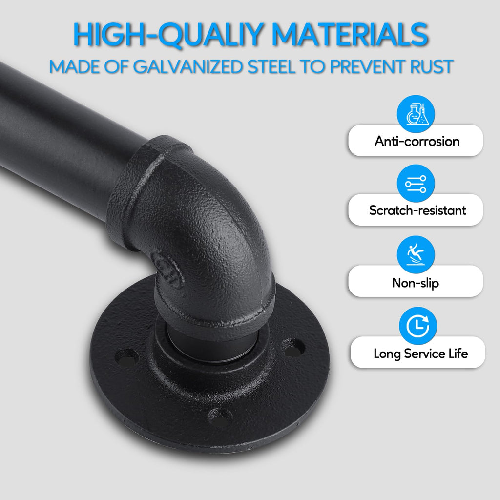 Pipe Stair Handrail, 3 Ft Metal Staircase Handrail, Black Galvanized Industrial Iron Hand Rail for Indoor & Outdoor
