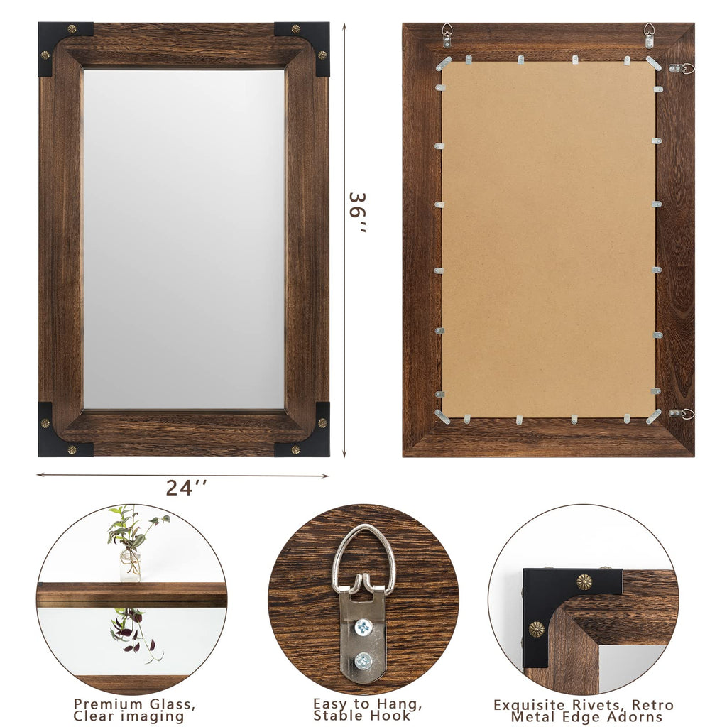 Rustic Bathroom Mirror 24x36 Inch Wood Frame Vanity Wall, Iron
