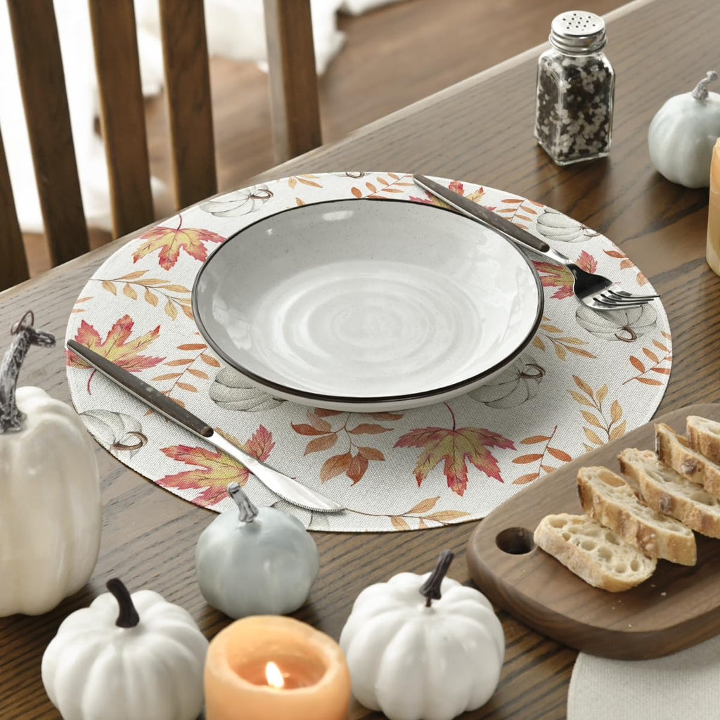 Pumpkins Maple Leaf Round Fall Placemats-14 Inch - Set of 6