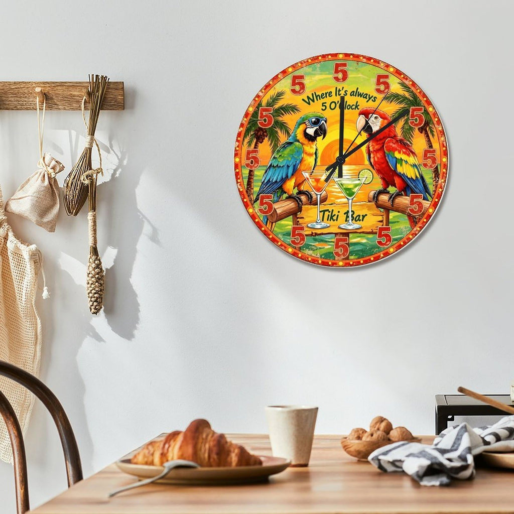 Parrot Retired Wall Clock Tiki Bar Always 5 O'clock 15 Inch Round Wall Clocks Battery Operated Silent Non-Ticking