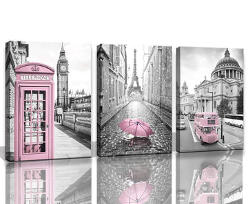 Paris Eiffel Tower Decor Girls - Pink Paris Theme Room Wall Canvas - Black and White Eiffel Tower Pictures - London