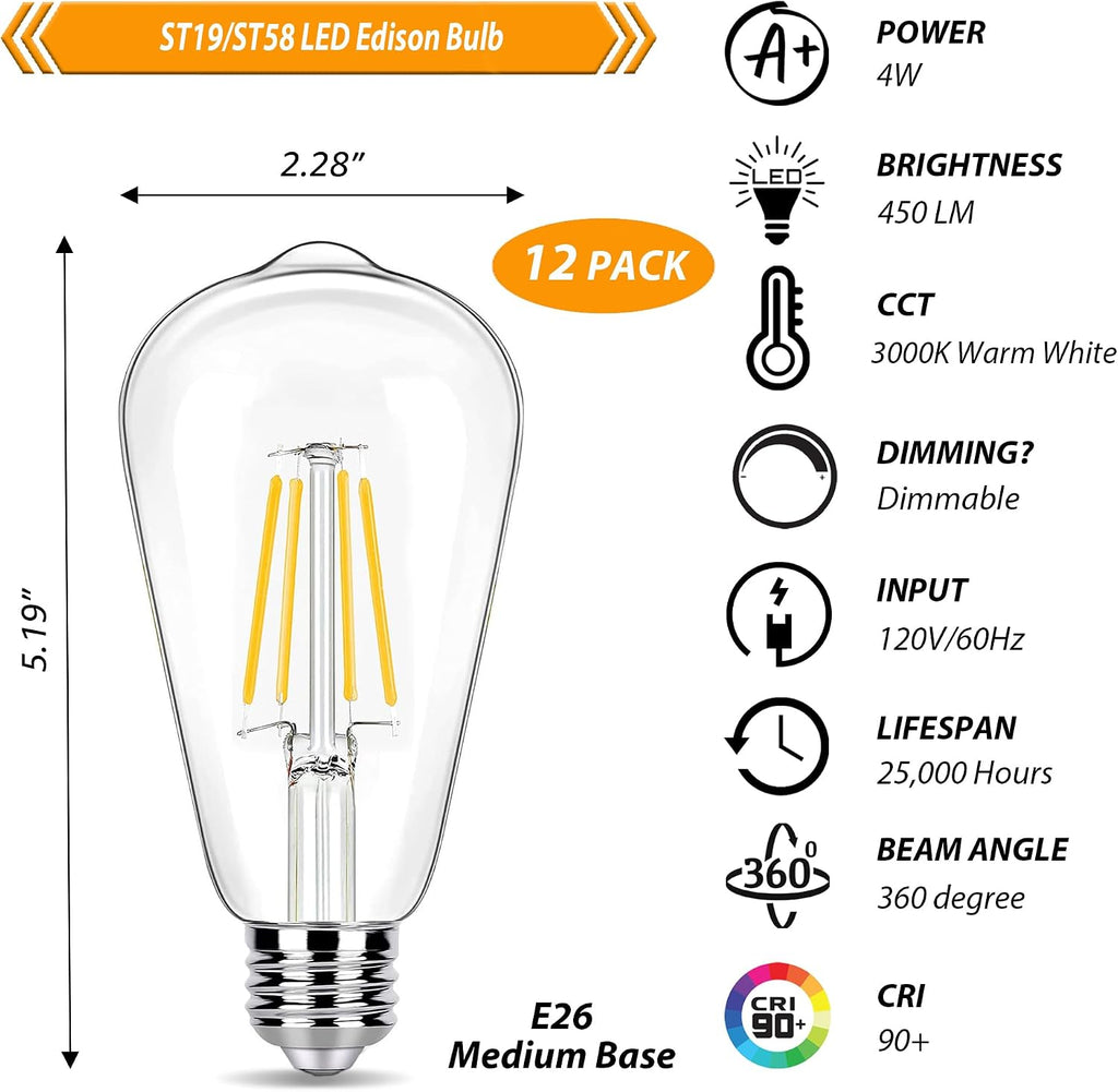 12 Pack Dimmable LED Edison Bulbs 40W Equivalent, 4W ST19, 3000K