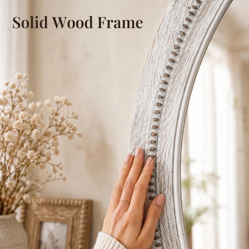 Solid Wood 36 Inch Round Beaded Wall Decor Mirror, Distressed White