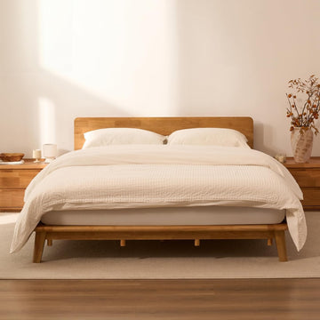 Hako G1 Solid Wood Platform Bed Frame Queen,Rubberwood,Tool-Free Assembly,Low Profile Floating,Storage Shelf&Charging