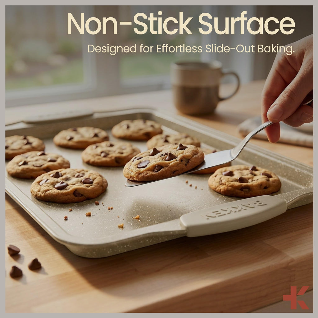 Kitchen Oven Baking Pans - Nonstick Gray Coating, Carbon Steel Bakeware Set with White Silicone Handles, Commercial