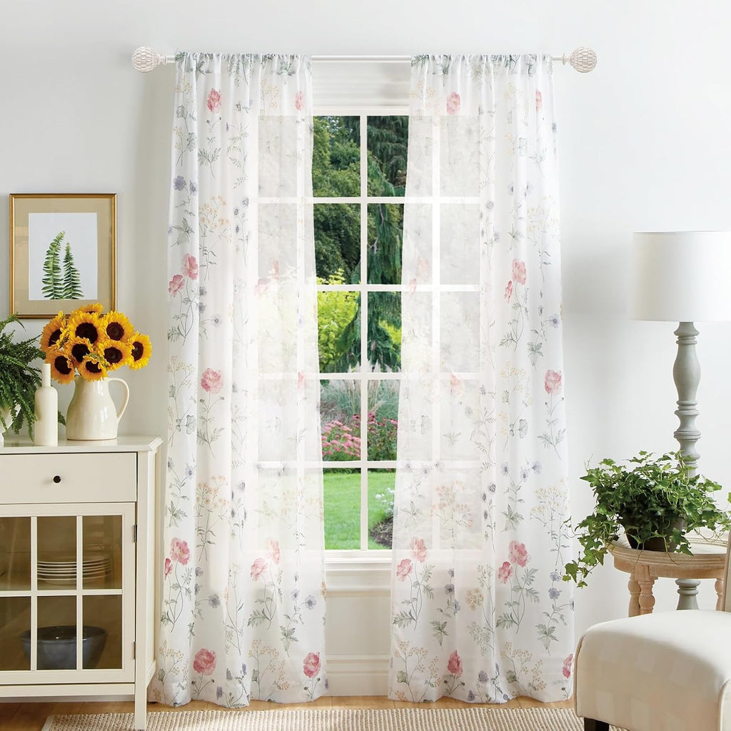 Vintage White Boho Curtain Rod for Windows, 1-inch Heavy-Duty Adjustable Curtain Rod with Decorative