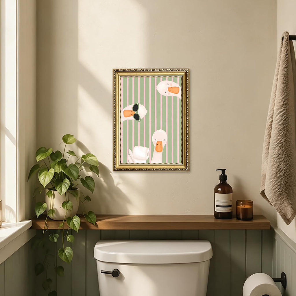 Funny Goose Bathroom Wall Art Cute Silly Gooses Toilet Wall Decor Painting, Green Pink Stripes Animal Poster Canvas