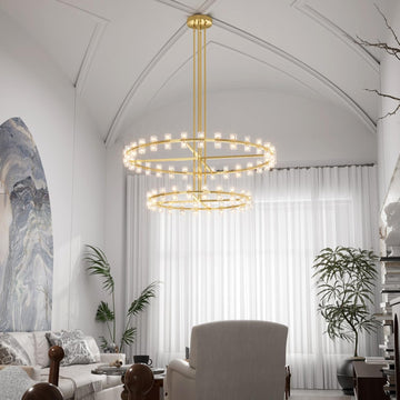 Inspired Arcachon Style 2-Tier Round Wagon Wheel Chandelier, 48" + 59" 108-Light Gold — Foyer, Great Room & Dining