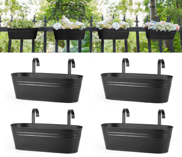15 Inches Railing Planter Box 4 Pcs Metal Hanging Flower Pots, Black
