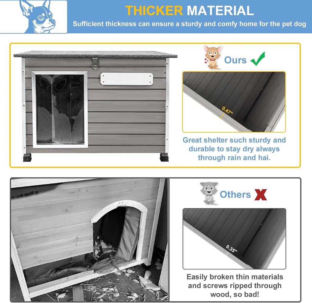 0.47" Thick Fir Wood Large Dog House Outdoor, Weatherproof Igloo House for Small to Large Dogs with Removable Floor &