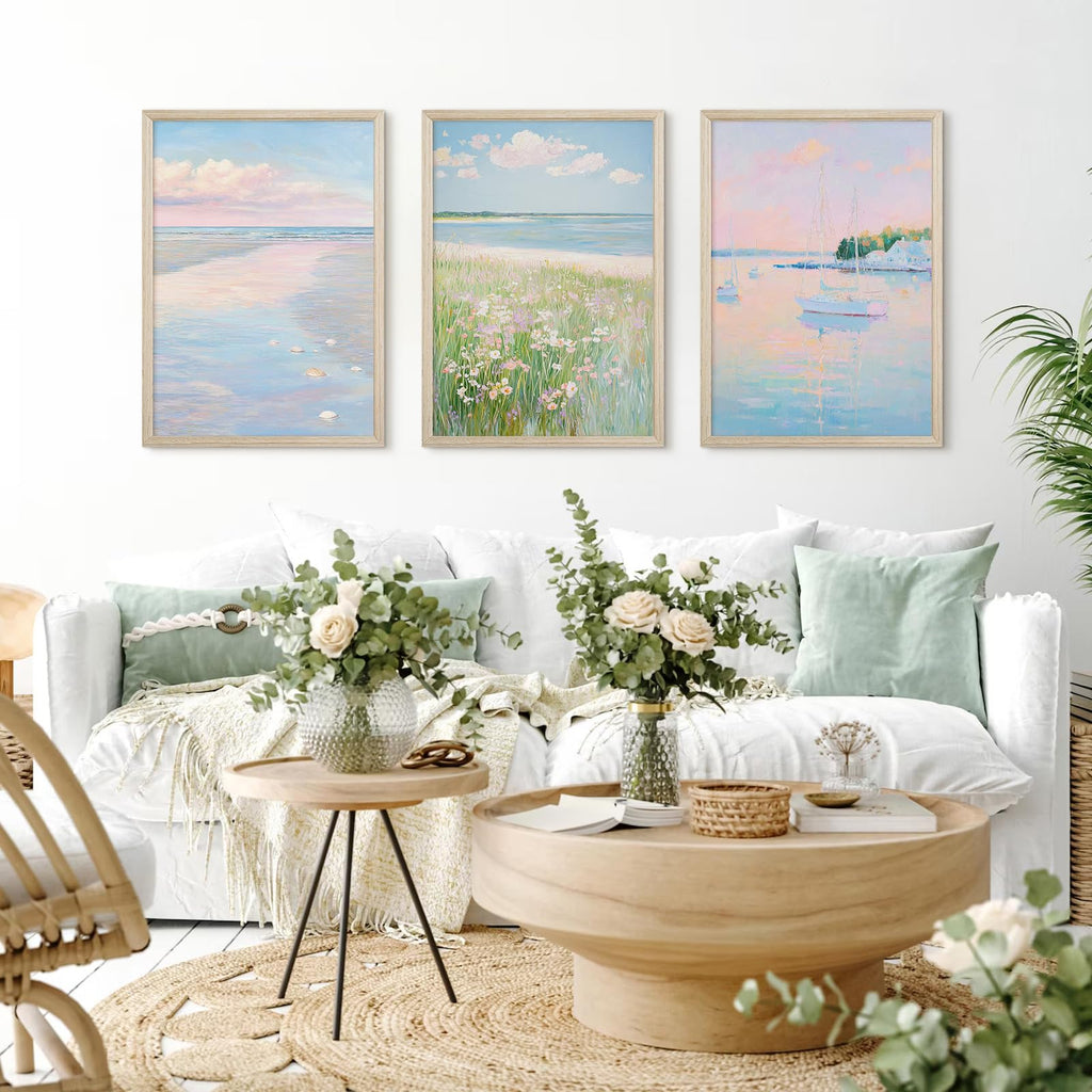Pink Beach Wall Art Preppy Coastal Canvas Wall Decor Summer Beachy Posters Aesthetic Ocean Pictures Pastel Pink Beach