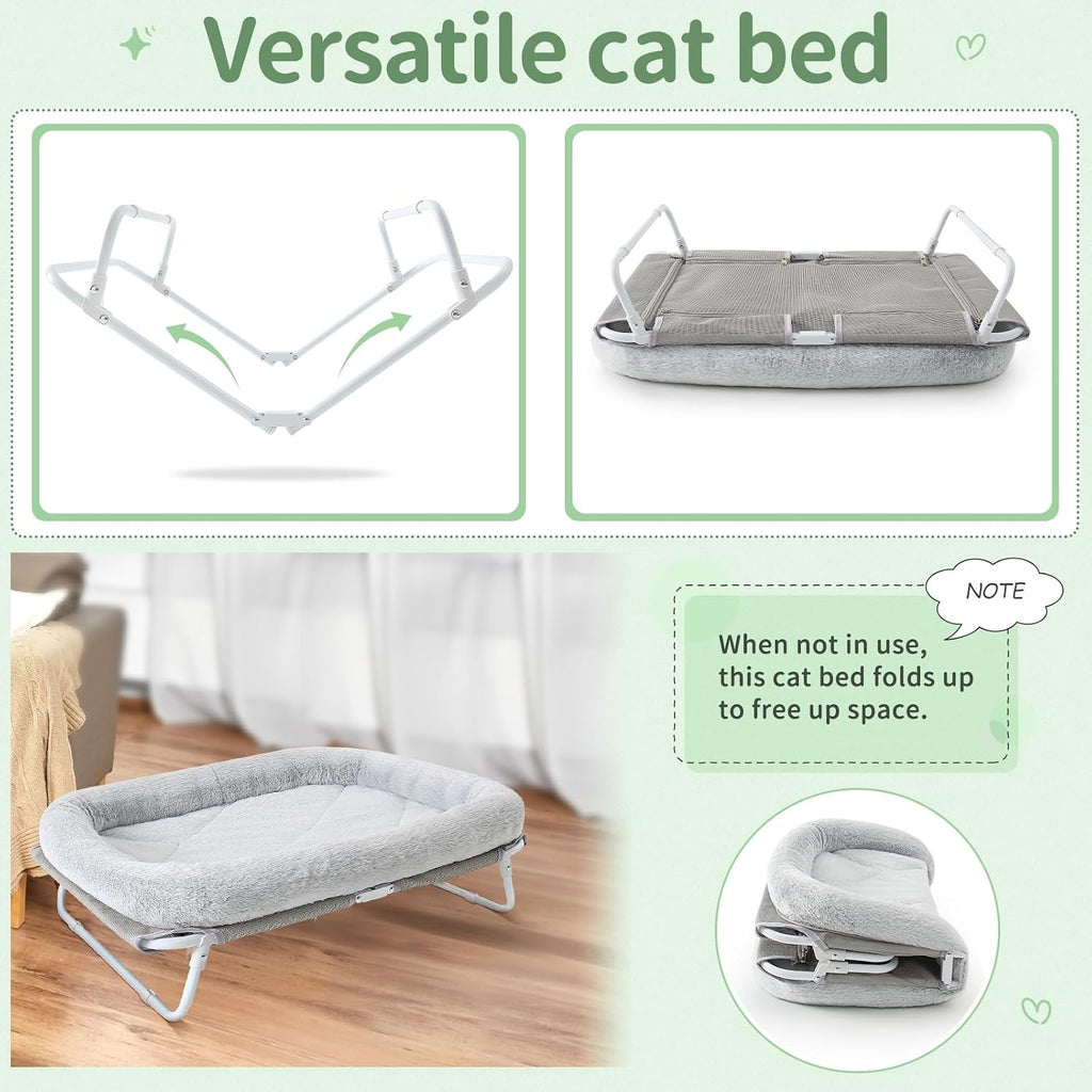 Elevated Cat Bed Foldable Raised Pet Hammock Self-Supporting Puppy Lounger with Off Floor Metal Frame Washable Cover