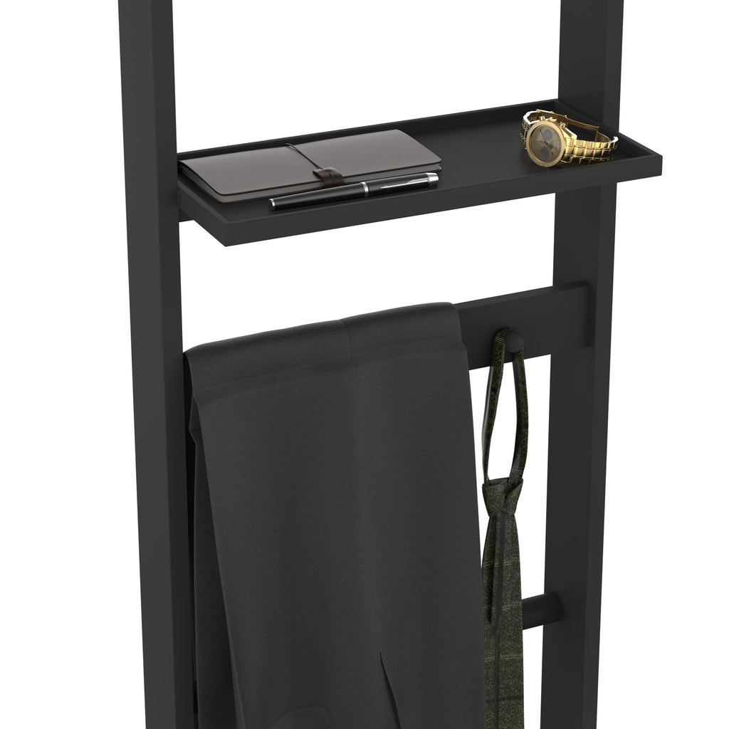 Suit Valet Stand for Men, Wooden Clothes Rack with Tray, Black