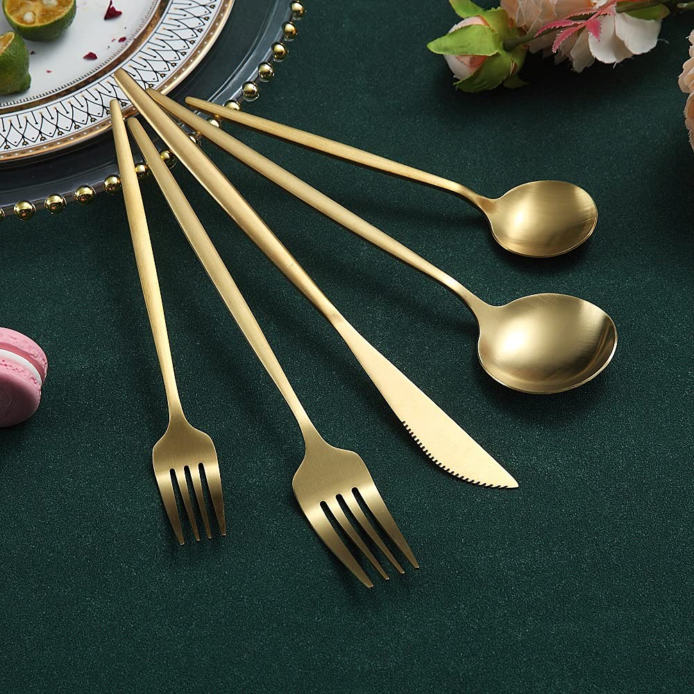 Matte Gold Silverware Set 40 Pieces, Stainless Steel Golden Flatware Set, Titanium Plating Cutlery Set, Matte Gold