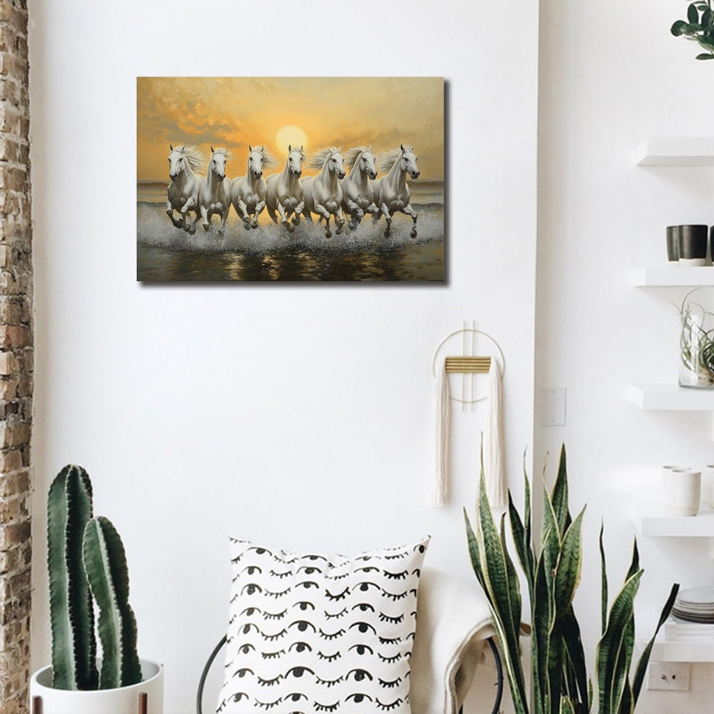 Horse Pictures Wall Decor, 7 Running Horses Wall Art Vastu With Frame, Horse Posters Canvas Wall Art, Seven Horses