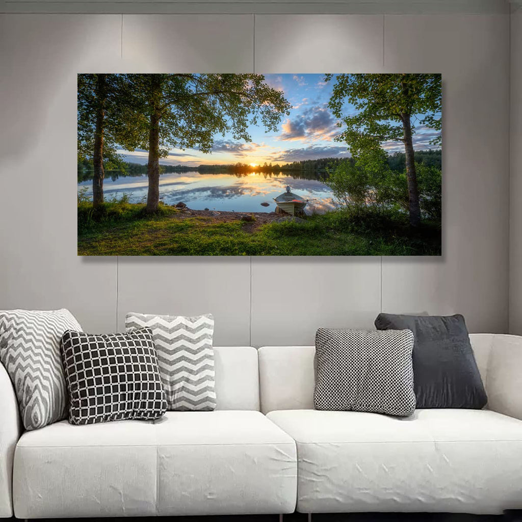 Tree Canvas Wall Art of a Sunrise Over a Forest Lake 20x40inches Nature Inspired Painting Perfect for Wall Decoration