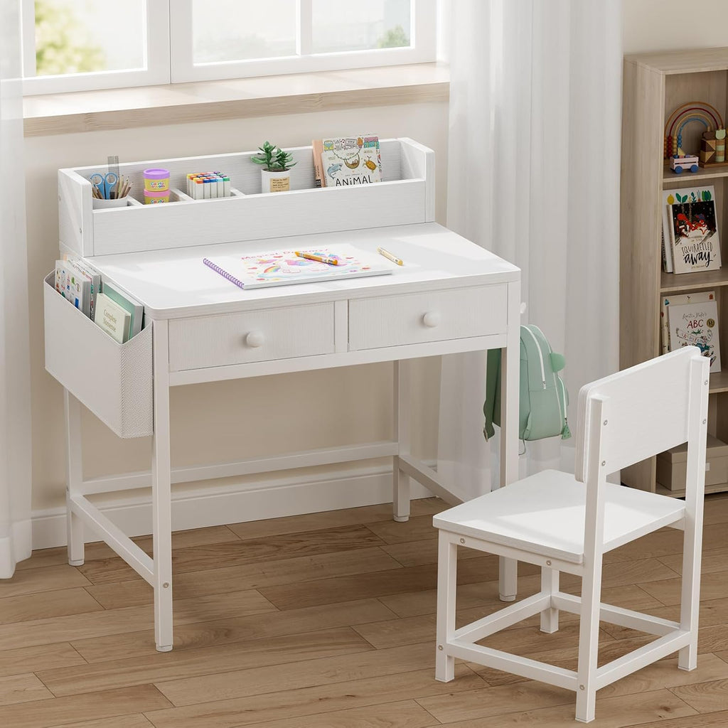 White Kids Desk and Chair Set for 5-8 Year Old, Small Child Desk with Fabric Drawer, Children Study Table