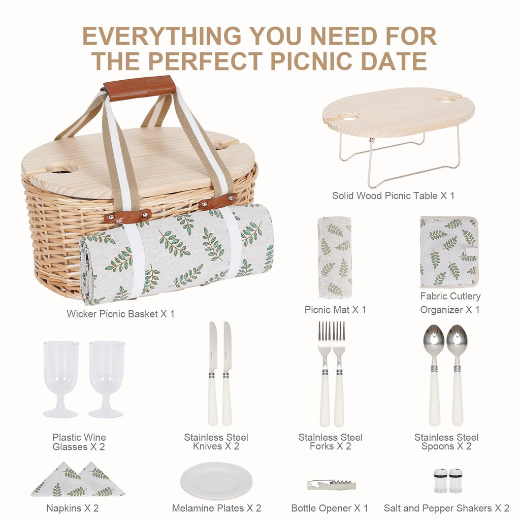 Picnic Basket Set for 2 - Wicker Insulated Picnic Basket