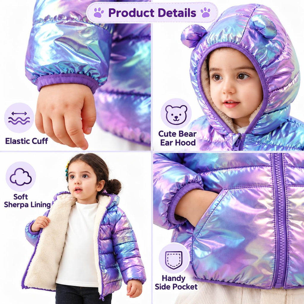 Toddler Winter Jacket Hooded Puffer Coat Bear Ears Iridescent Purple