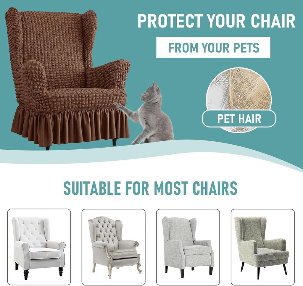 Stretch Seersucker Wingback Chair Slipcover, Universal Bubble Wing Chair Slipcovers with Skirt, Living Room High Back