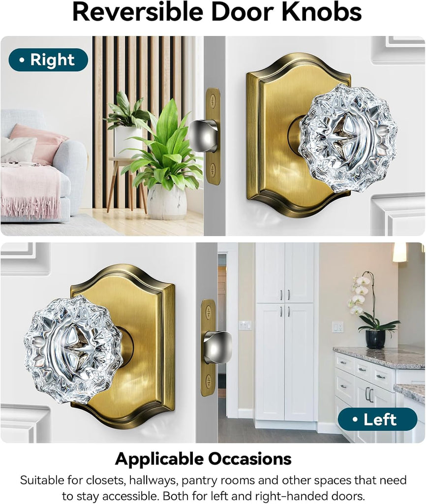 Glass Door Knobs, Passage Vintage Brass Door Knobs, 3 Pack