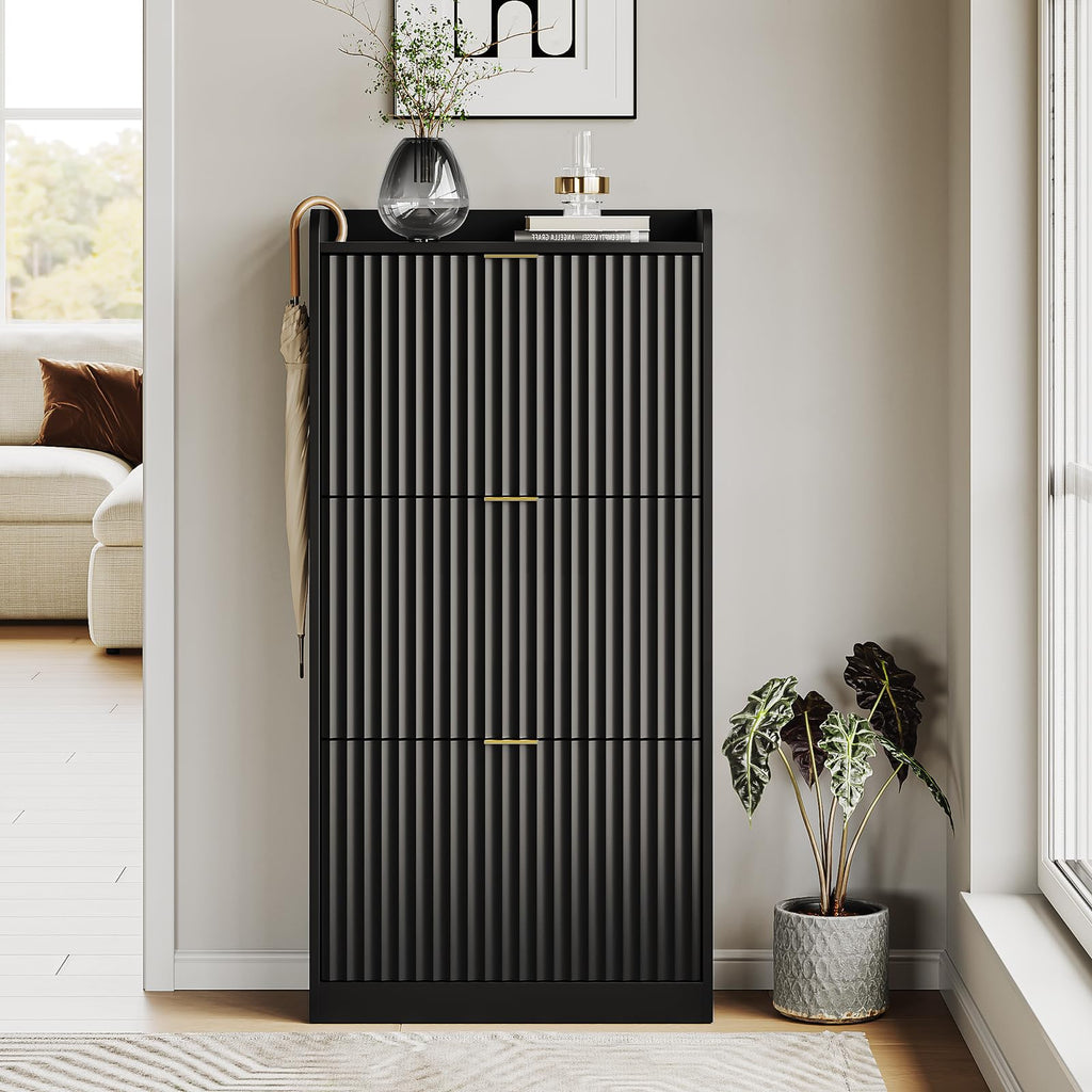 Black Fluted Shoe Cabinet, Narrow Entryway Storage Rack Organizer